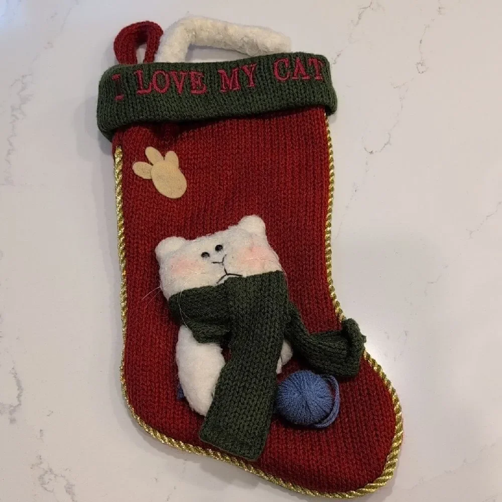 Chunky Knit Embroidered I Love My Cat Red And Green Christmas Stocking